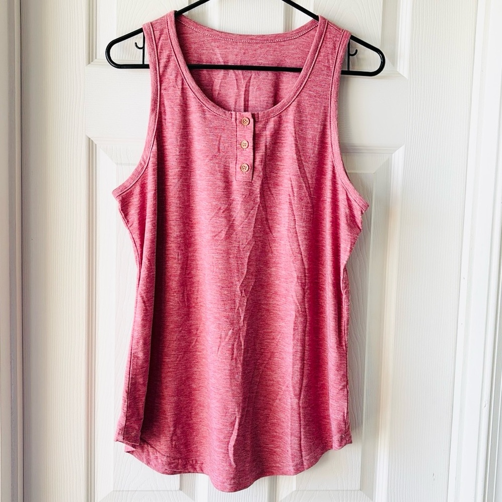 Sleeveless Scoop Neck Henley Button Up Tank Top - Pink